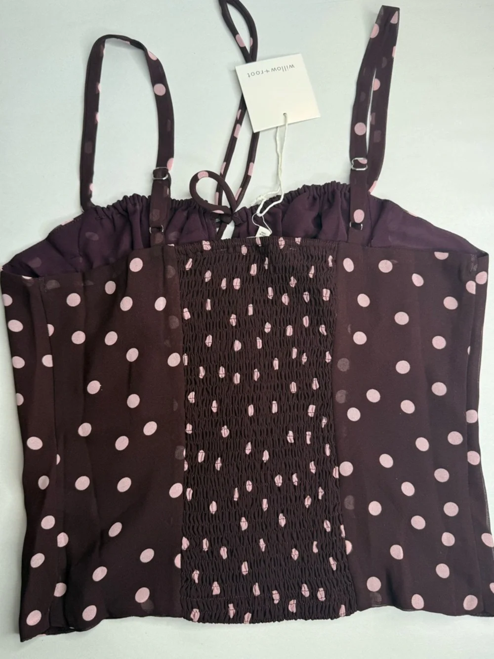 NWT Willow + Root Brown Pink Polka Dot Babydoll Cami Top Medium - Picture 5 of 5